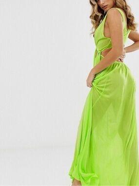 ASOS Lime Green Tie-Front Cut Out Detail Sheer Maxi Dress, Size 10